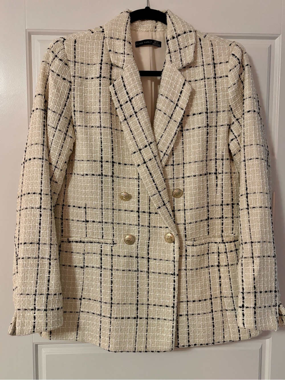 Black Tape_ Cream Windowpane Tweed Double-Breasted Blazer